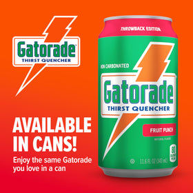 Gatorade Thirst Quencher Fruit Punch can close-up, electrolytes help replace salts lost in sweat.
