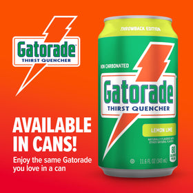 Gatorade Thirst Quencher Lemon-Lime can with label shows electrolytes for fluid balance