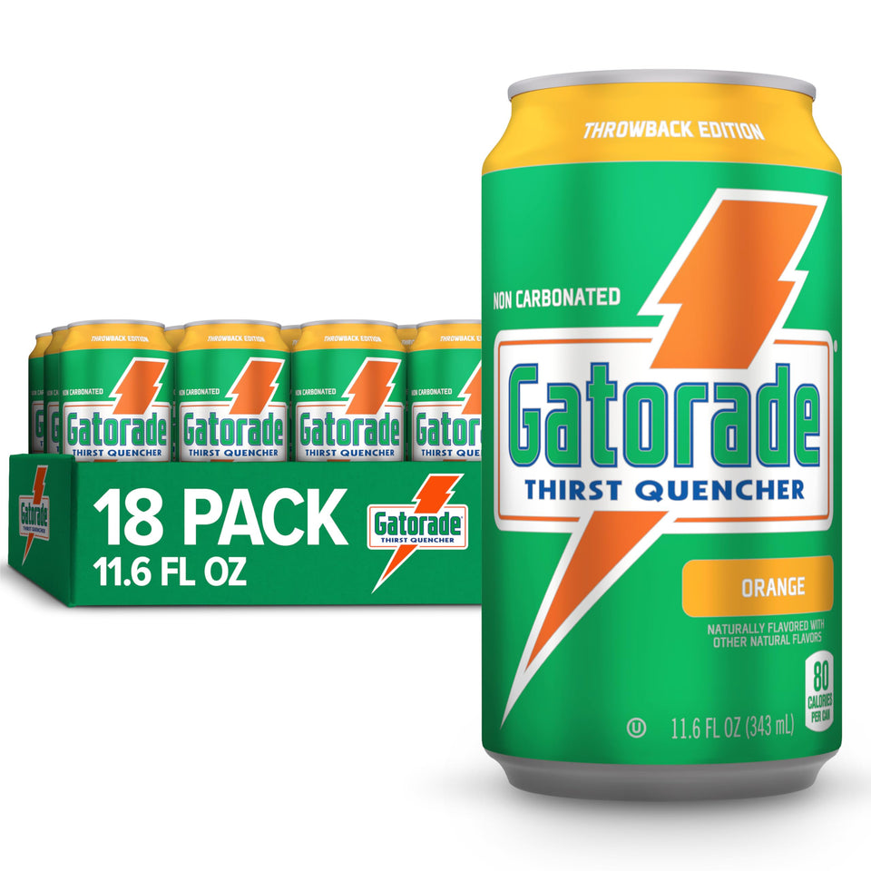 Gatorade Thirst Quencher orange can close-up highlighting hydration potential.