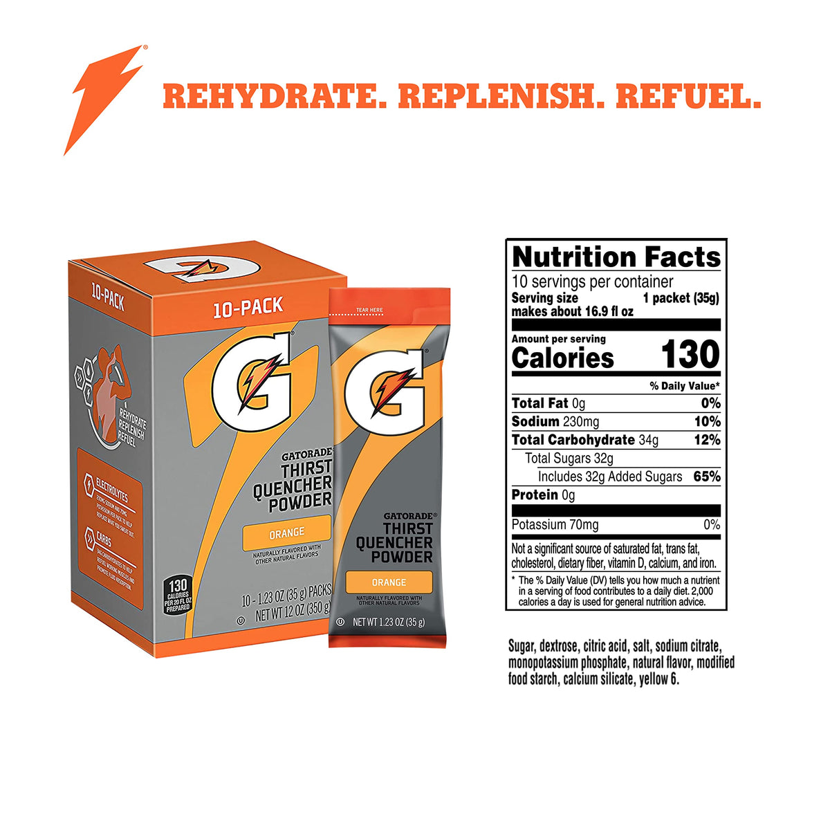 Closeup of orange packets showing electrolyte replenishment for workouts