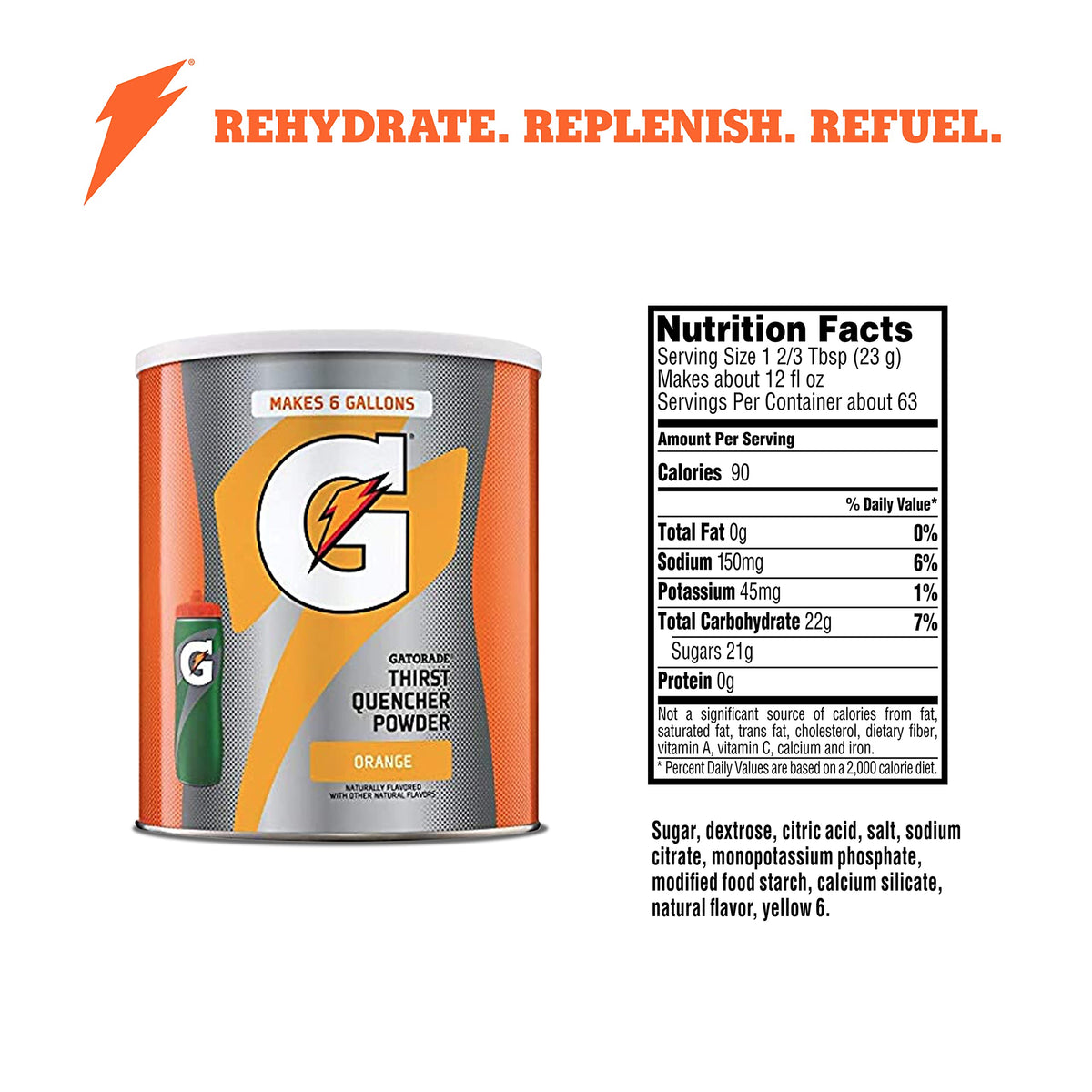 Gatorade Thirst Quencher orange powder canister back view, compact hydration option.