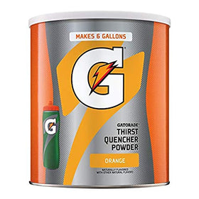 Gatorade Thirst Quencher orange powder canister front view, ideal for workouts hydration.