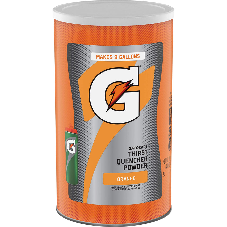 Gatorade Thirst Quencher Orange powder tub ready to mix for electrolytes during workouts.