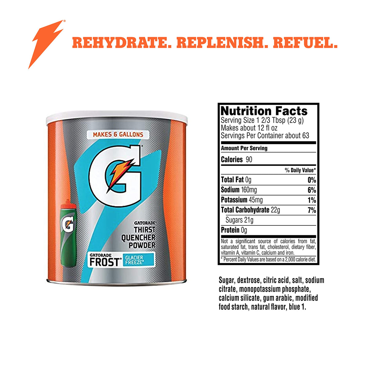 Gatorade Thirst Quencher Powder Glacier Freeze canister closeup showing powder