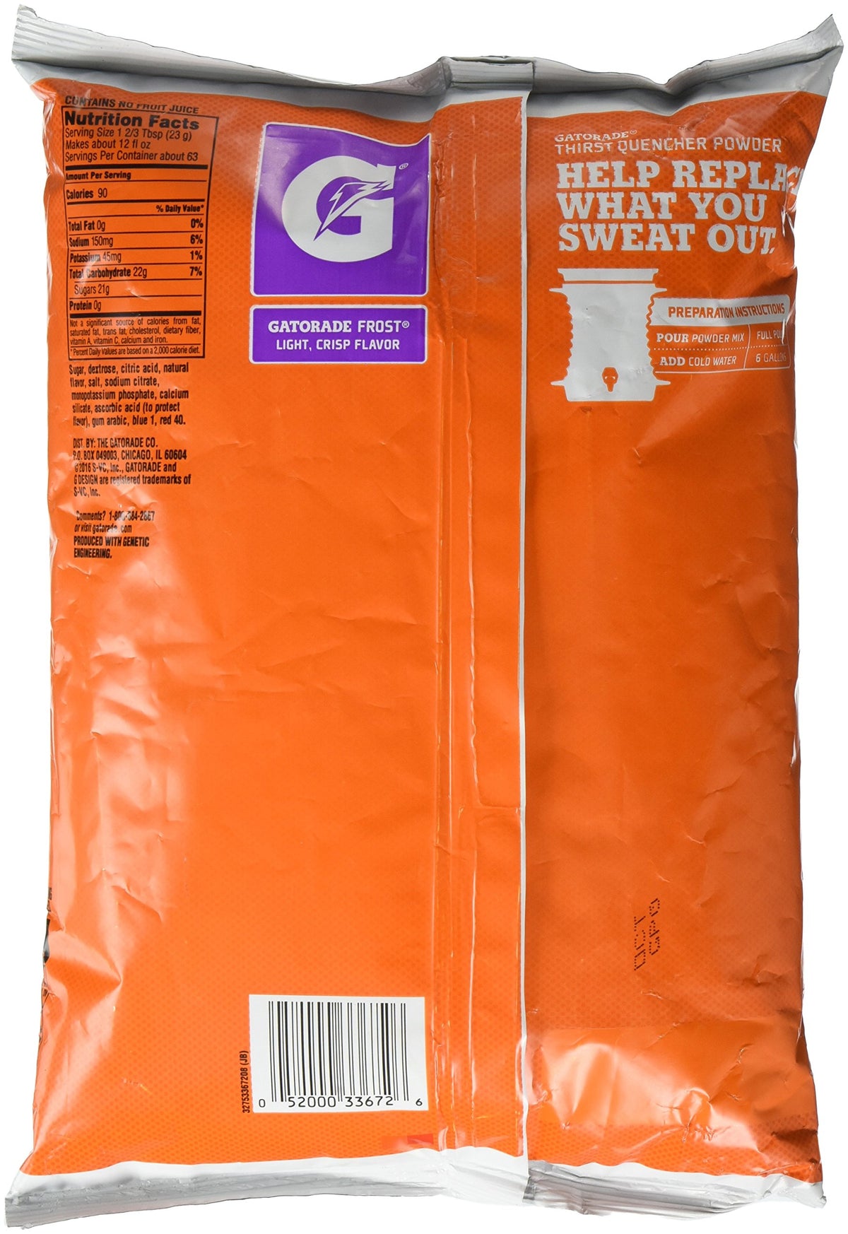 Close-up of Gatorade Thirst Quencher Purple Frost powder bag for on-the-go hydration