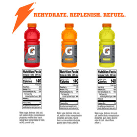 Gatorade Thirst Quencher 20oz bottle back label shows electrolytes and flavors.