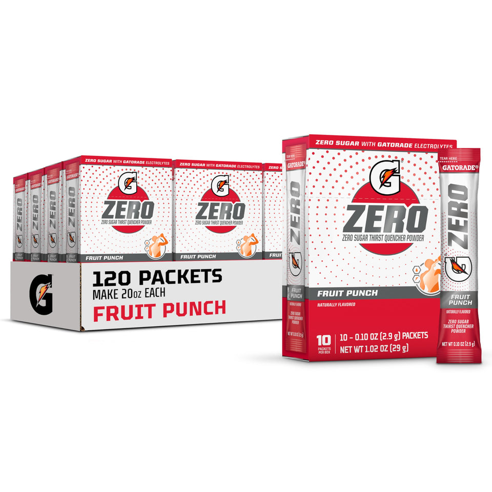 Gatorade Zero Fruit Punch box and packets show convenient zero-sugar hydration on the go.