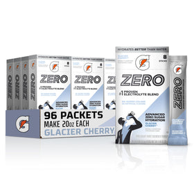 Gatorade Zero Glacier Cherry powder stick for zero-sugar hydration during workouts.
