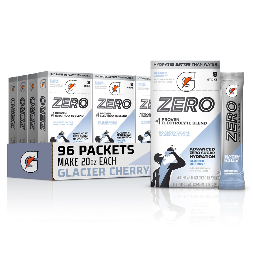 Gatorade Zero Glacier Cherry powder stick for zero-sugar hydration during workouts.