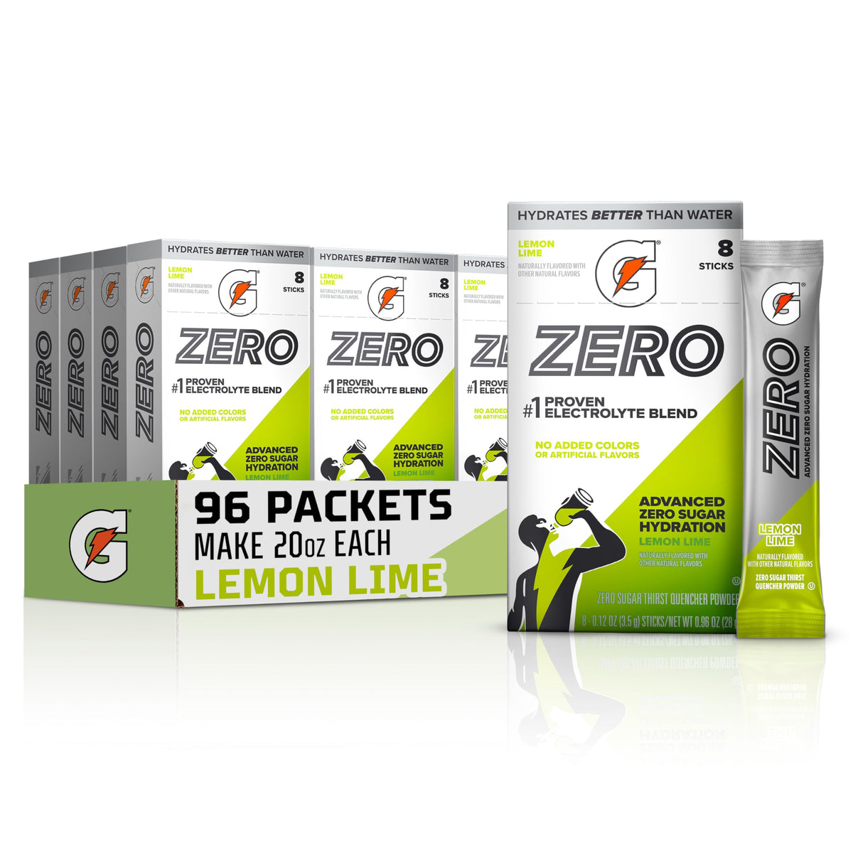 Gatorade Zero Lemon Lime box shows 96 sticks for zero sugar hydration.