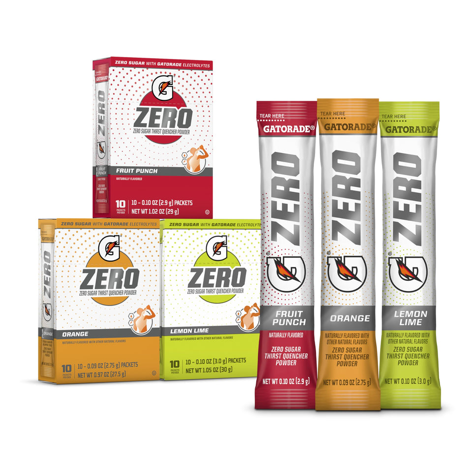 Gatorade Zero Lemon Lime powder packet for quick rehydration during workouts.