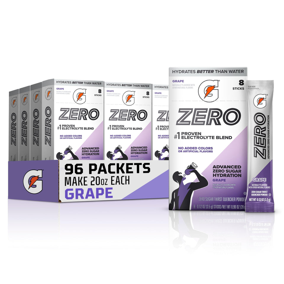 Gatorade Zero Sugar Grape box set displaying 12-box supply for on-the-go hydration