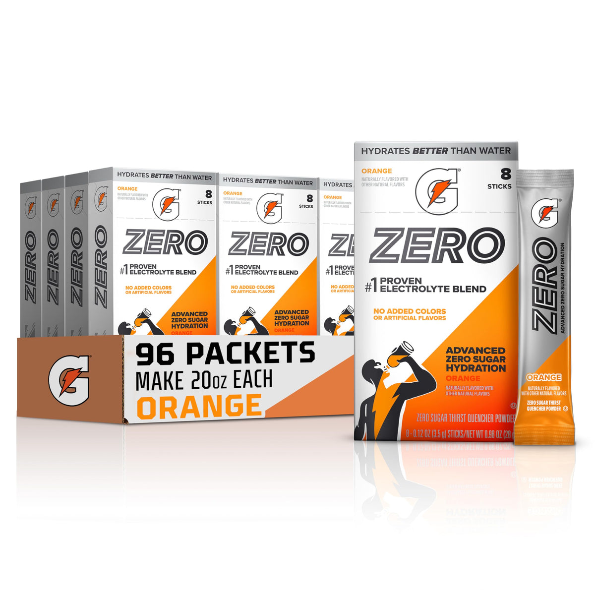 Gatorade Zero Sugar Orange canister for zero-sugar hydration during workouts.