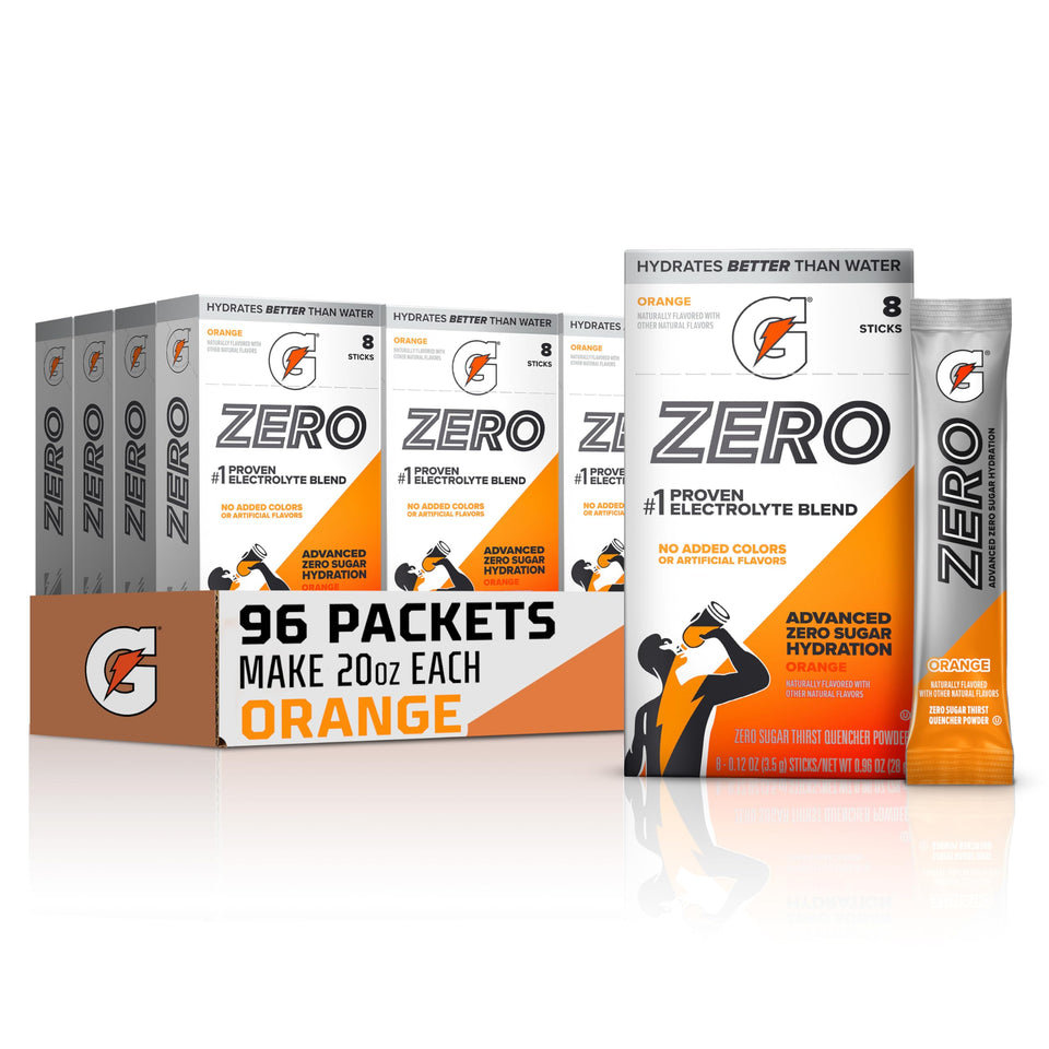 Gatorade Zero Sugar Orange canister for zero-sugar hydration during workouts.