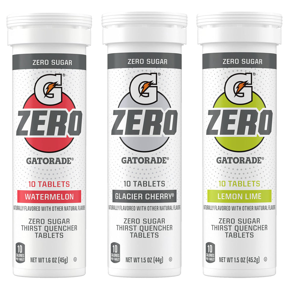 Gatorade Zero Tablets variety pack closeup showing flavors and no artificial sweeteners.