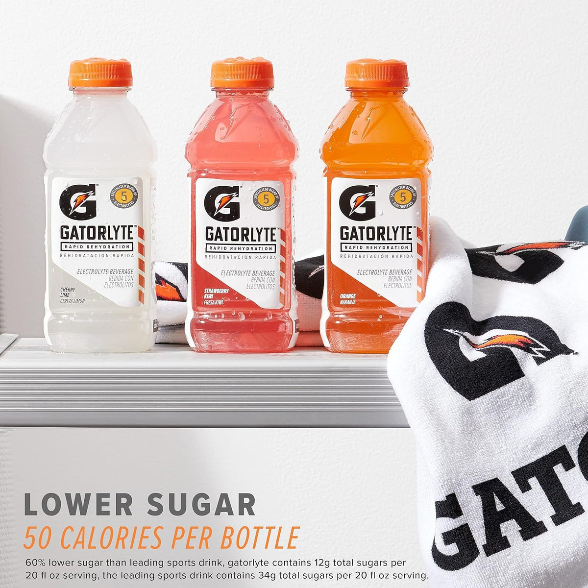 Gatorlyte 12-bottle pack on kitchen counter demonstrates bulk value for teams and family routines.