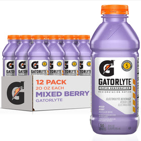 Gatorlyte 12-pack Mixed Berry bottles promoting rapid hydration during workouts.