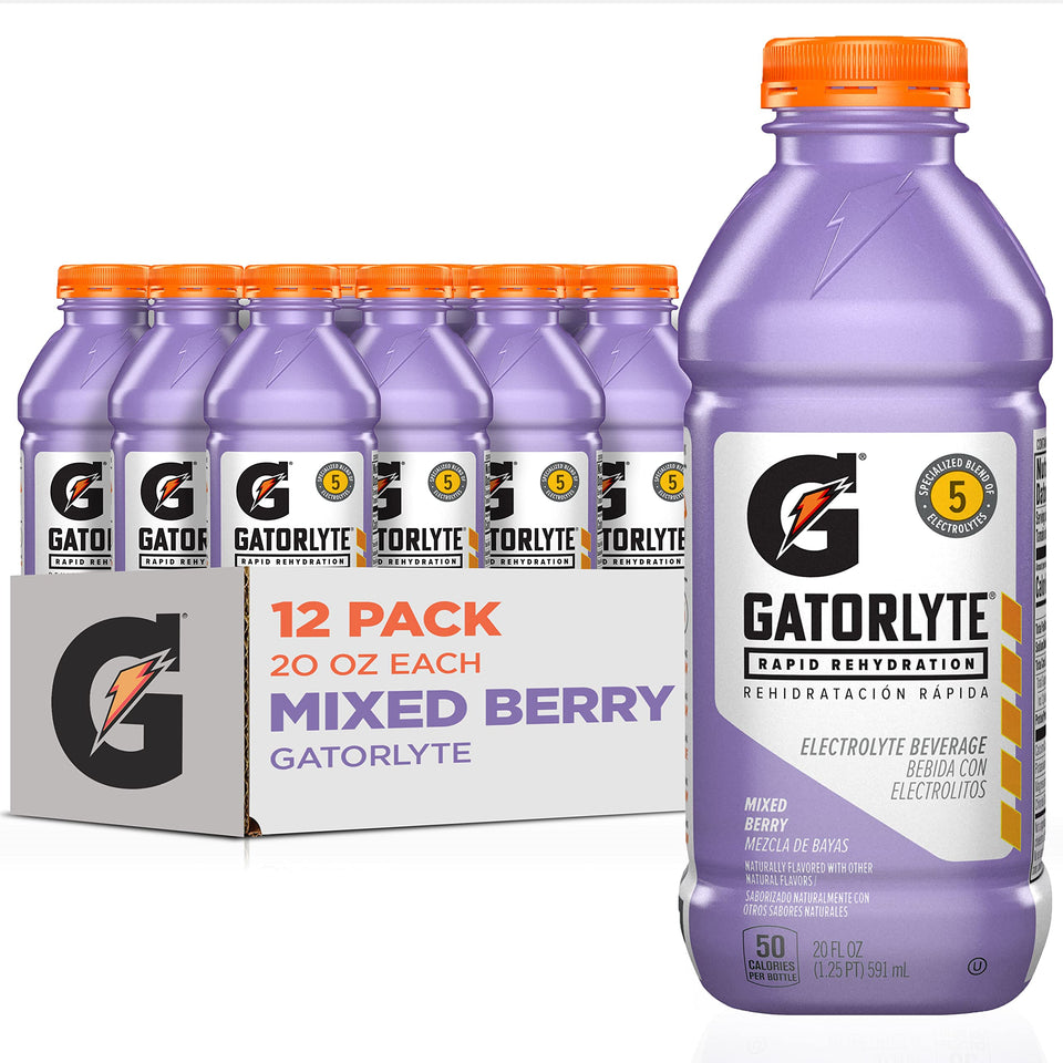 Gatorlyte 12-pack Mixed Berry bottles promoting rapid hydration during workouts.