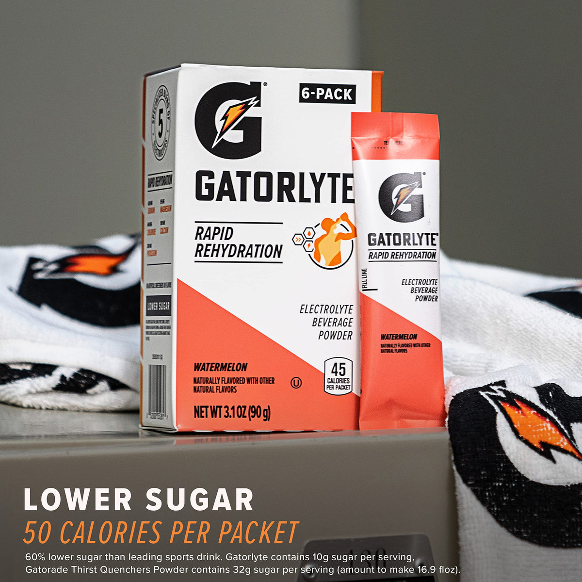Gatorlyte orange powder delivers 45 calories per packet