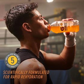 Gatorlyte bottle highlights five electrolytes for balanced hydration during workouts and recovery.