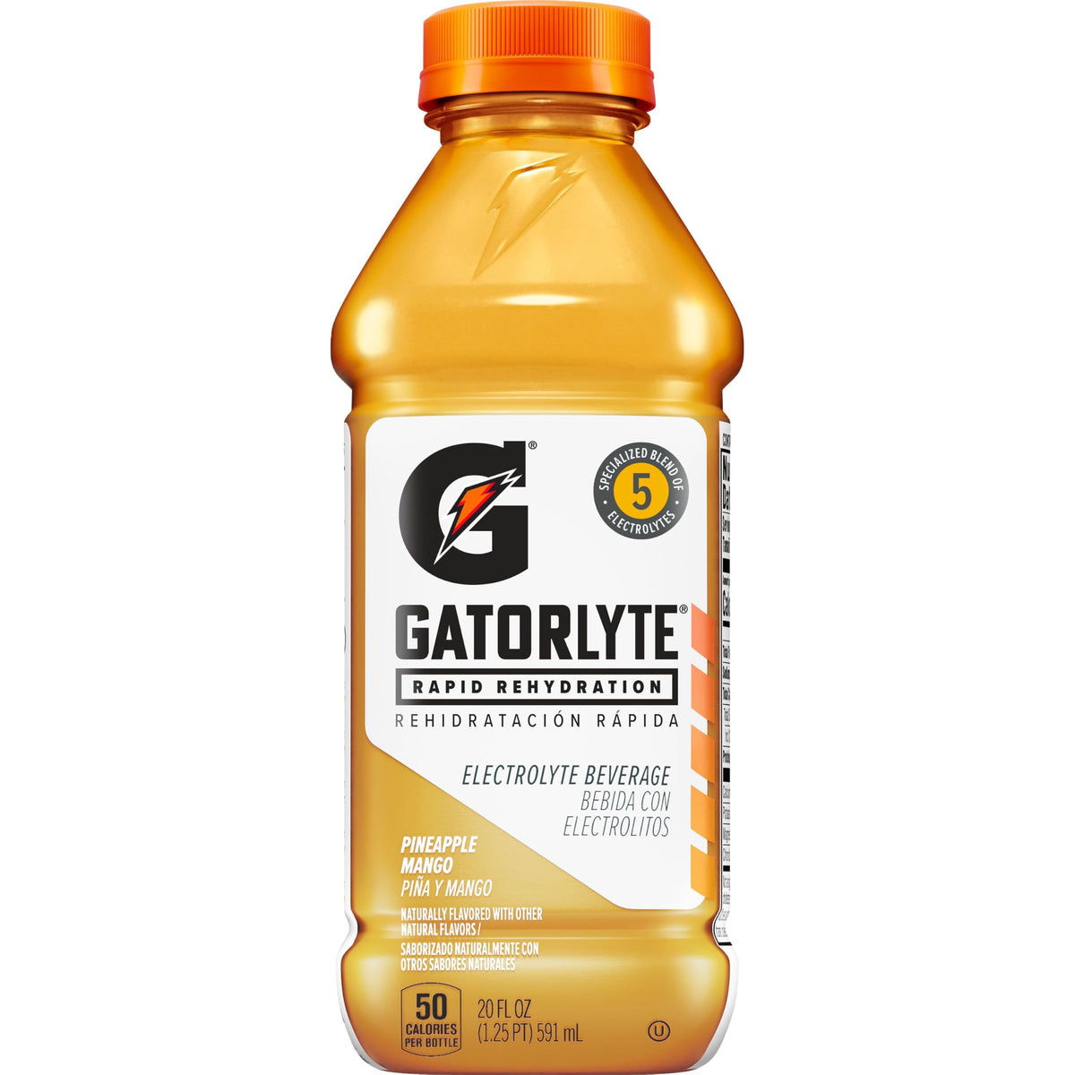 Gatorlyte Pineapple Mango 20oz bottle in a 12-pack for quick hydration