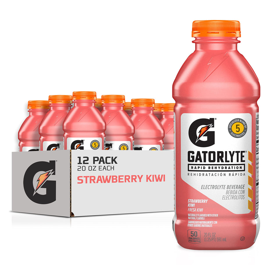 Gatorlyte Rapid Rehydration bottle front highlighting Strawberry Kiwi flavor and five electrolytes for rapid hydration