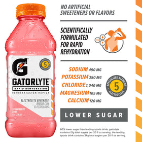 Gatorlyte Rapid Rehydration bottle nutrition info close-up showing lower sugar content