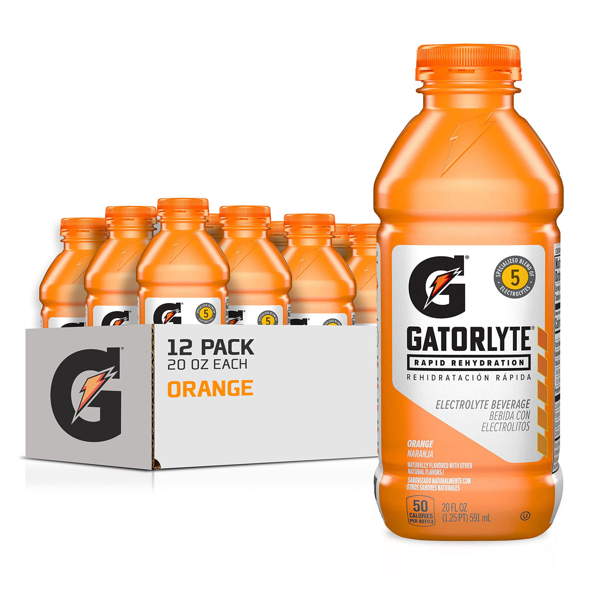 Gatorlyte orange 20oz bottle front view, ideal for rapid hydration after workouts.