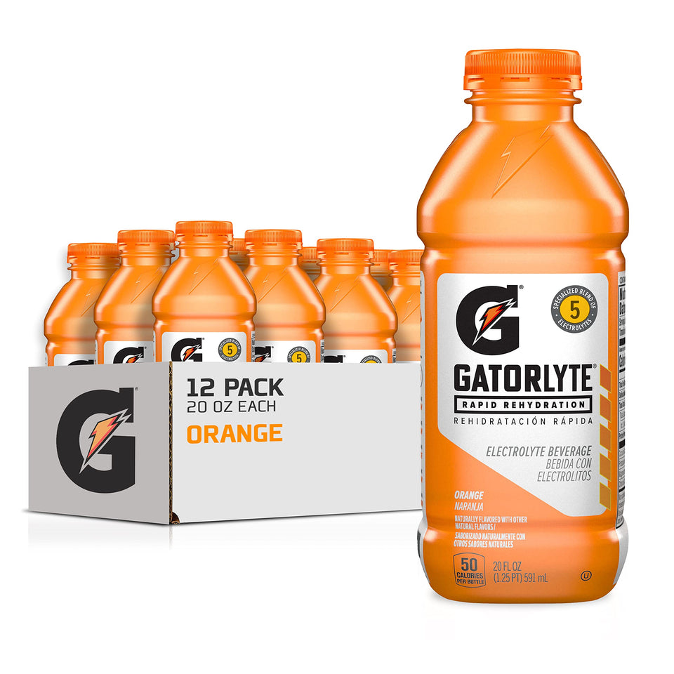 Gatorlyte orange 20oz bottle front view, ideal for rapid hydration after workouts.