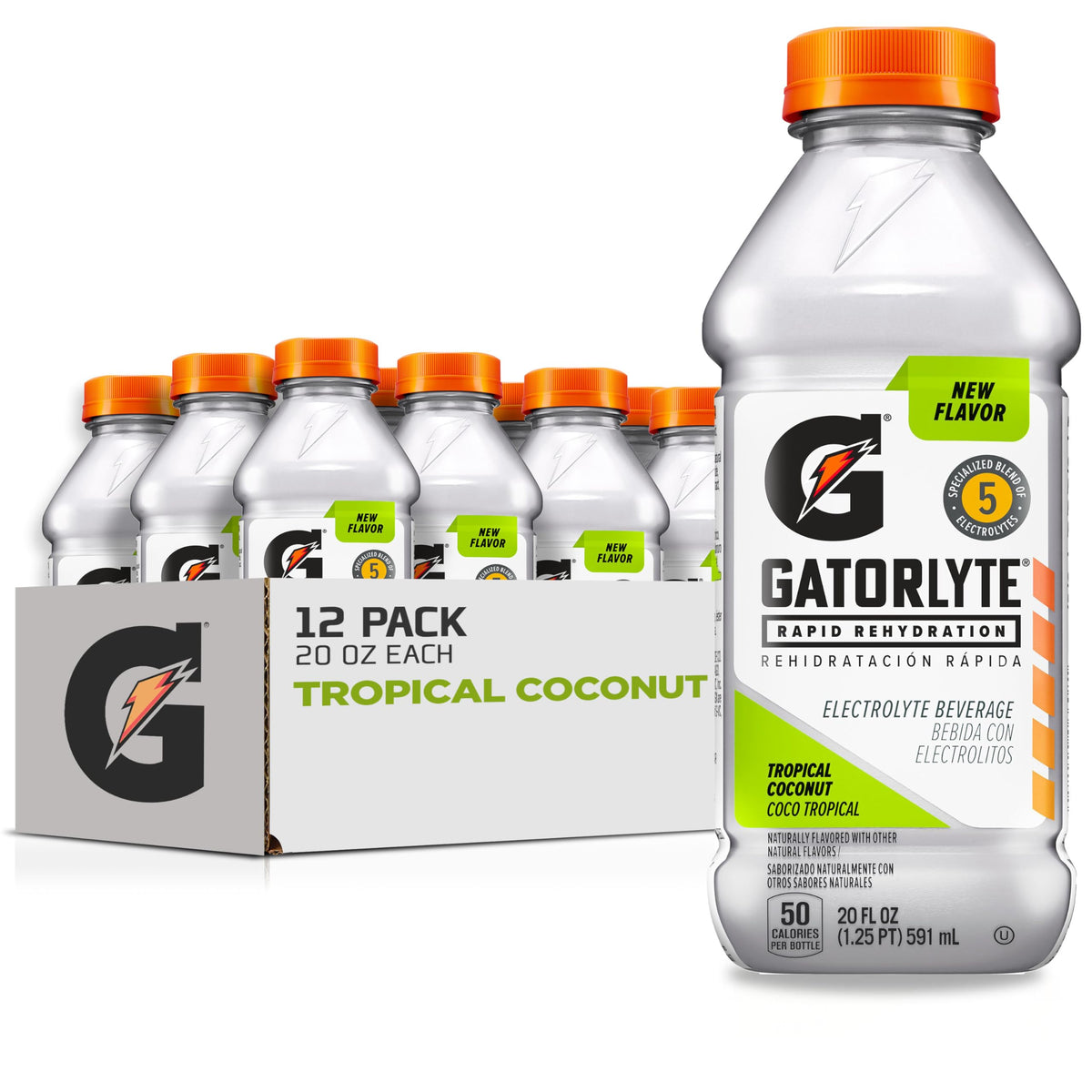 Gatorlyte Rapid Rehydration Tropical Coconut bottle showcases convenient 20 oz serving for quick, on-the-go hydration.