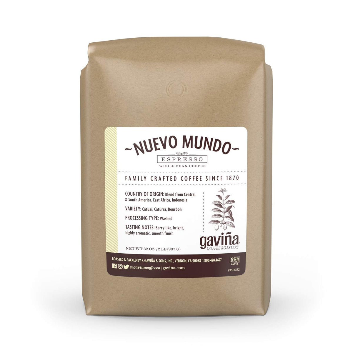 Gavina Nuevo Mundo Espresso whole bean bag releasing rich aroma for home espresso