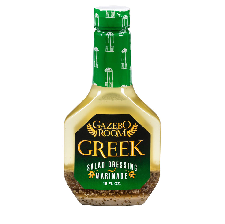 Gazebo Room Greek Salad Dressing bottle for versatile salads and marinades.