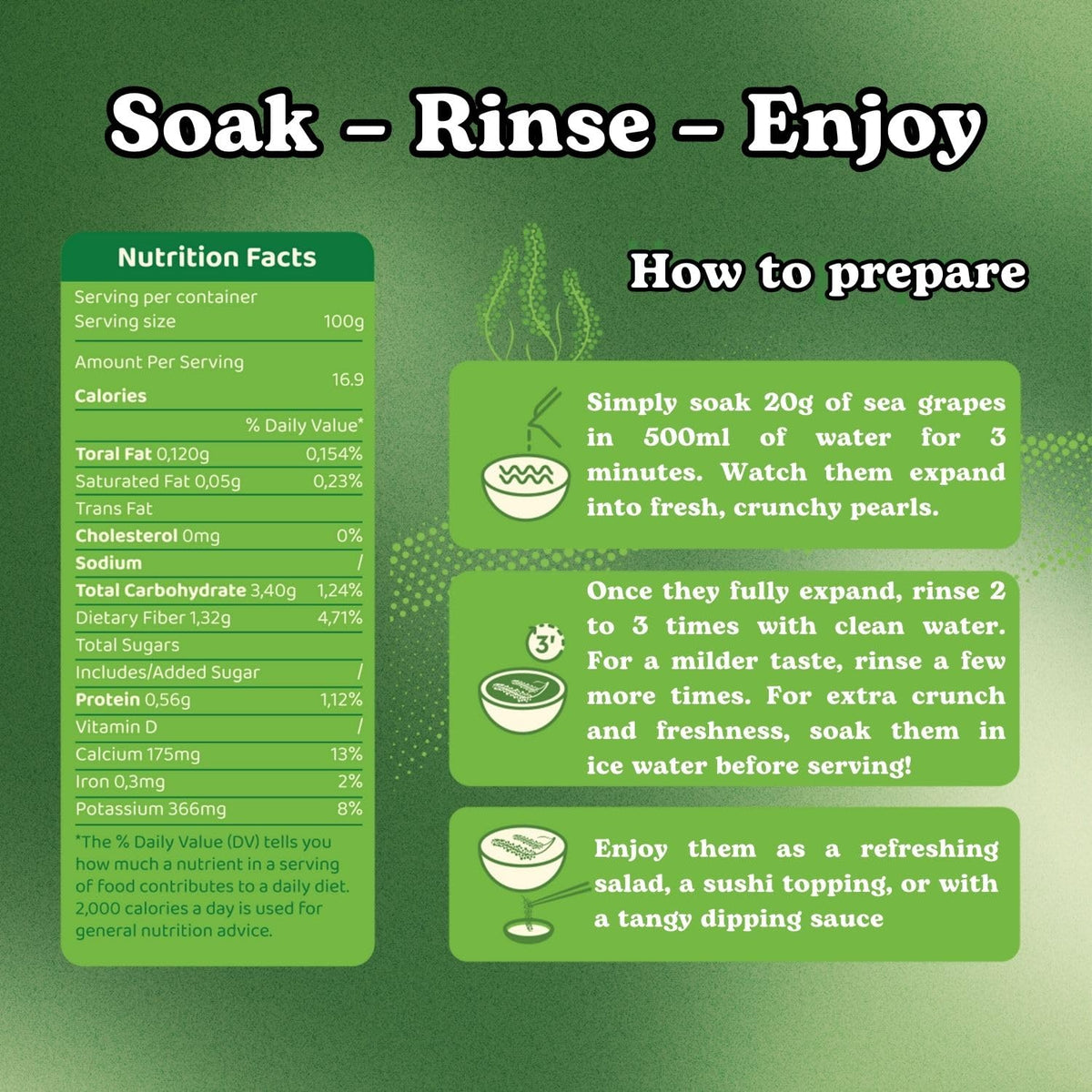 GCAP Sea Grapes ingredients label closeup, featuring minimal processing and clean ingredients.