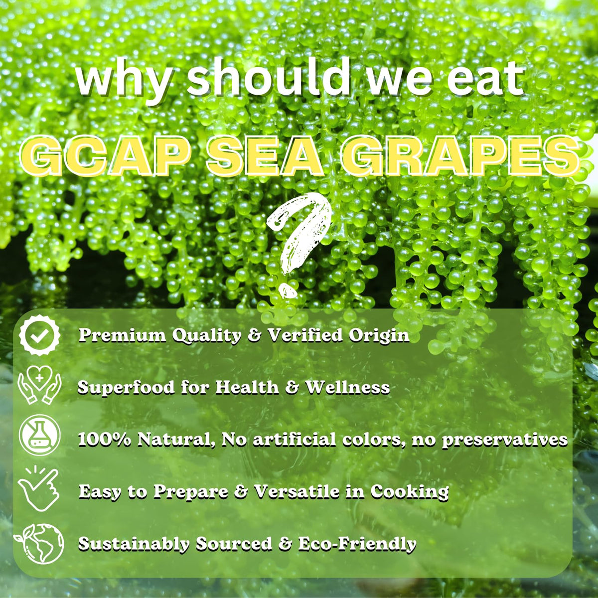 GCAP Sea Grapes packaging highlights gluten-free, vegan, and natural sourcing.