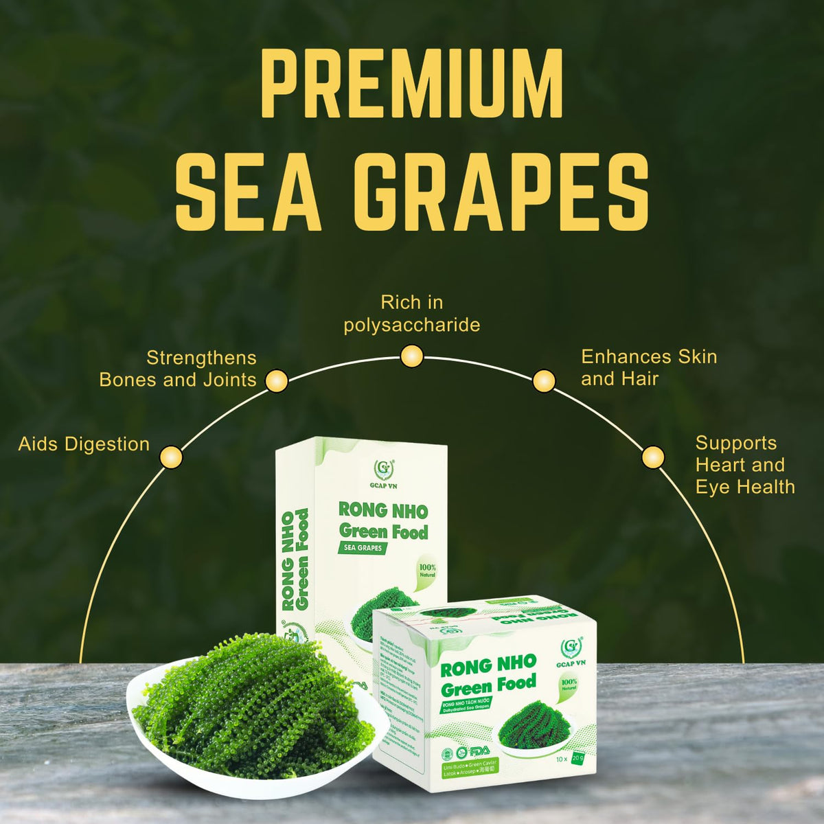 GCAP Sea Grapes on a serving dish, perfect as a fresh topping for meals.