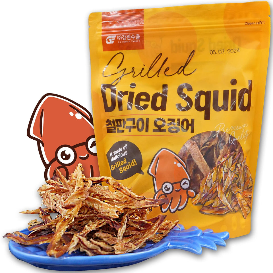GE Gangwon Export savory dried squid snack bag on table, protein-rich and convenient for sharing.