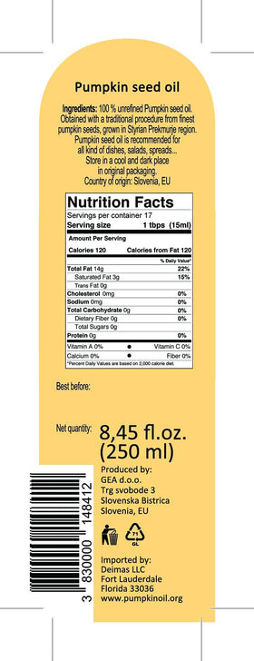 Gea pumpkin seed oil with a nutty aroma enhances salads and pasta.