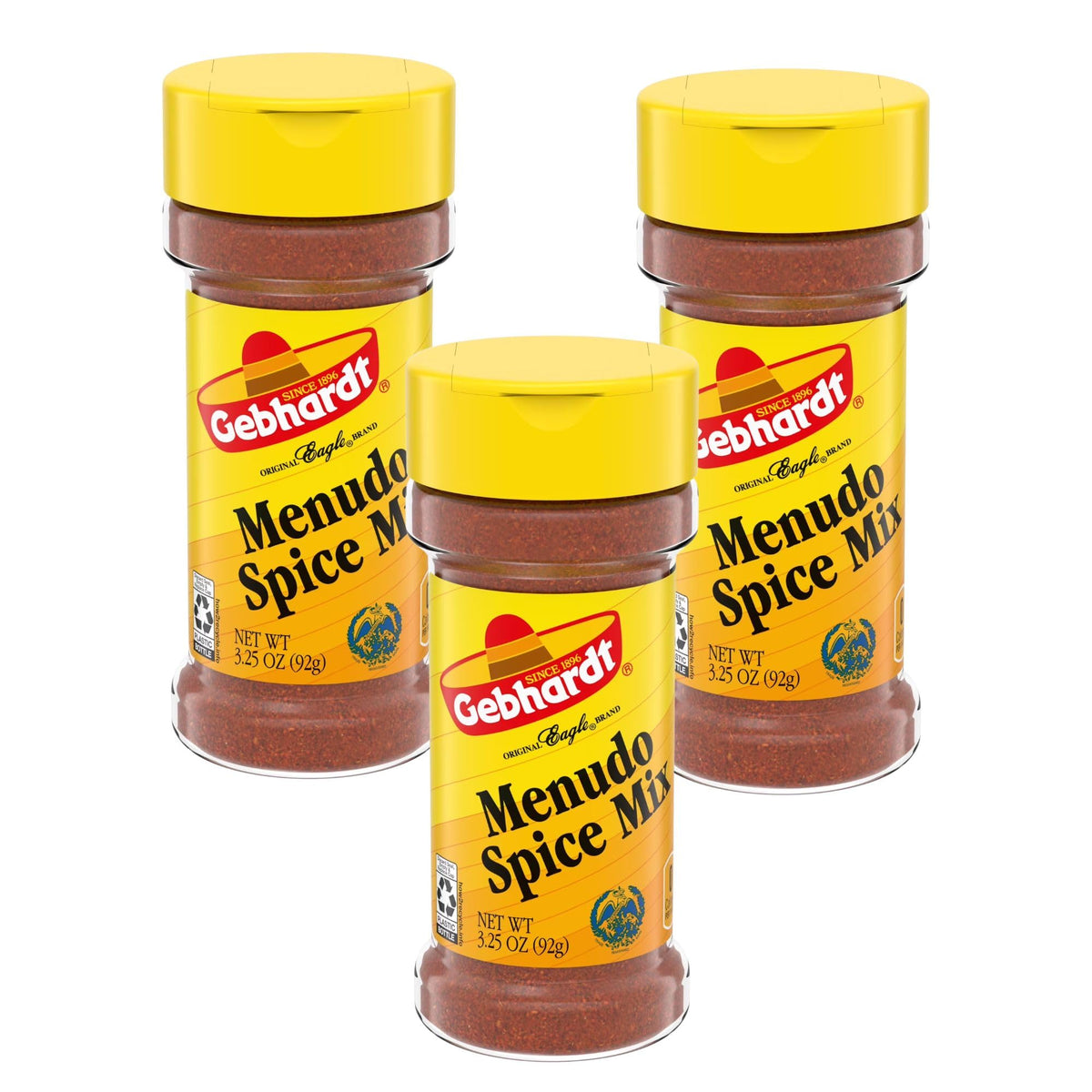 Gebhardt Menudo Spice Mix front view, three bottles ready to flavor traditional stews.