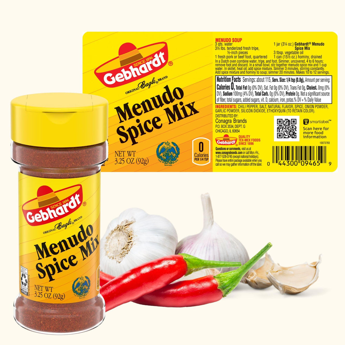 Gebhardt Menudo Spice Mix label closeup, shows traditional blend and ingredients.