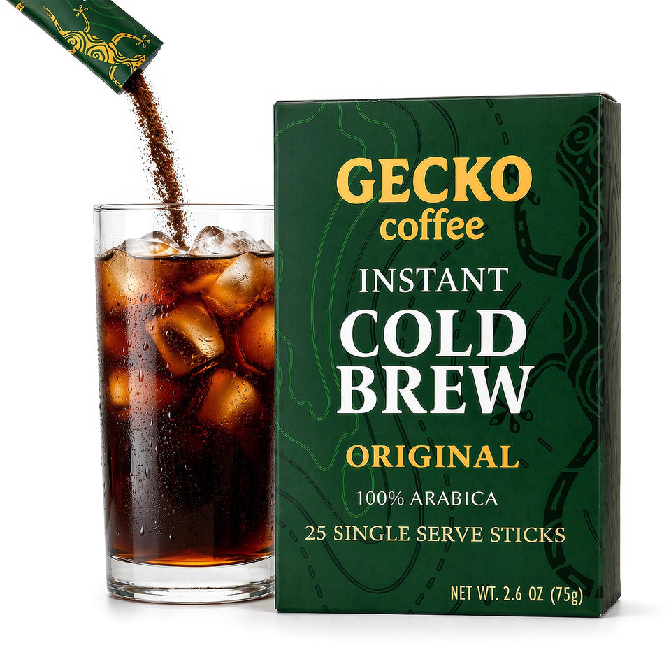 Gecko Coffee instant cold brew stick packaging shows convenient, mess-free coffee on the go.
