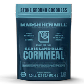 Geechie Boy Mill Marsh Hen blue cornmeal packaging highlights premium stone-ground quality for home cooking.