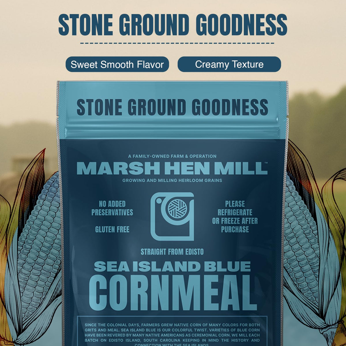 Geechie Boy Mill stone-ground cornmeal texture conveys authentic, gluten-free ingredient for everyday recipes.