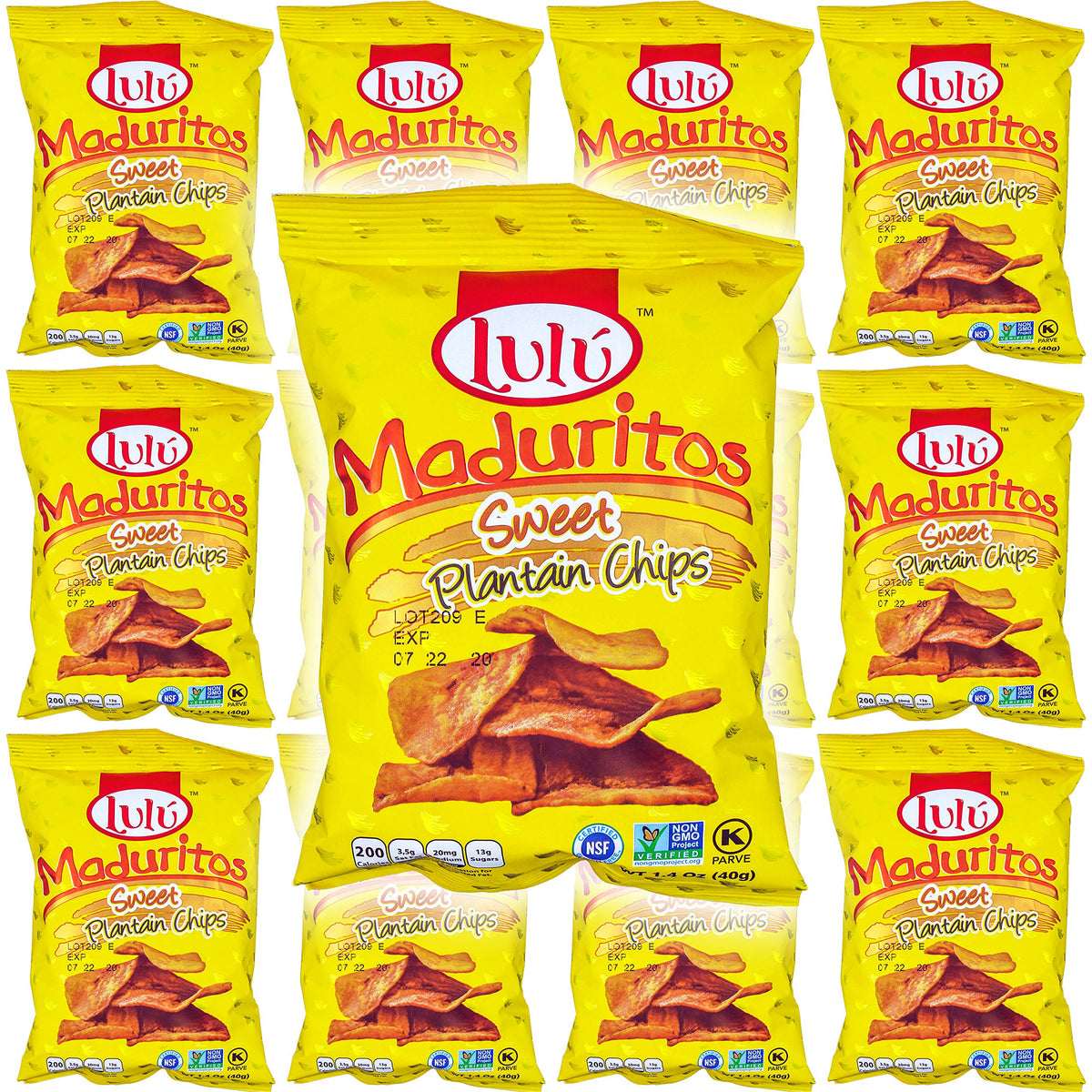 GEEGVV LULU Maduritos 12-pack display, gluten-free plantain chips for on-the-go snacking.