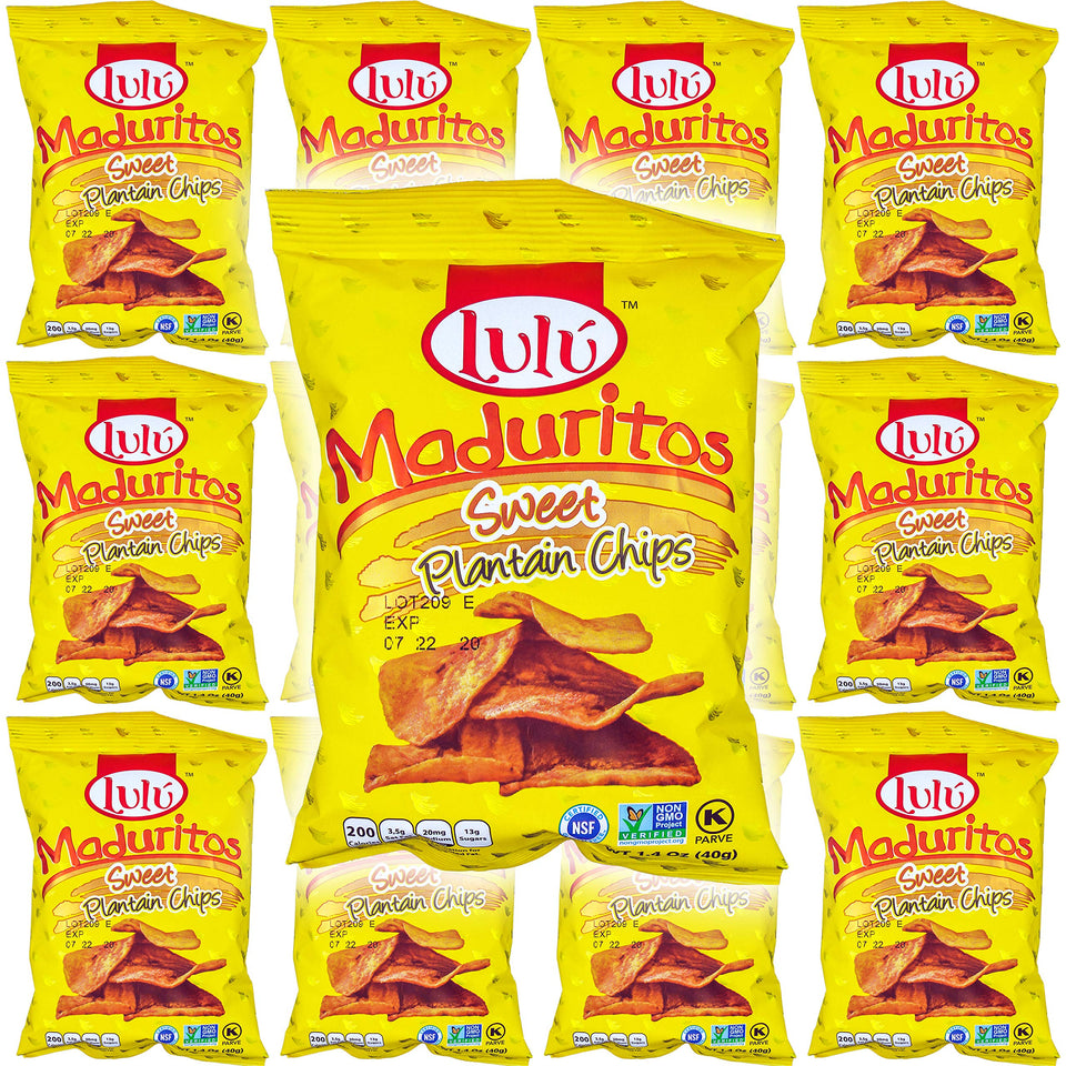 GEEGVV LULU Maduritos 12-pack display, gluten-free plantain chips for on-the-go snacking.