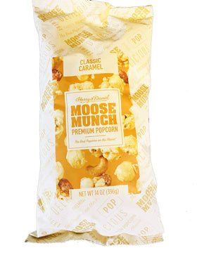 GEEGVV Moose Munch popcorn 14oz packshot highlights premium caramel crunch, ideal for gifting or sharing.