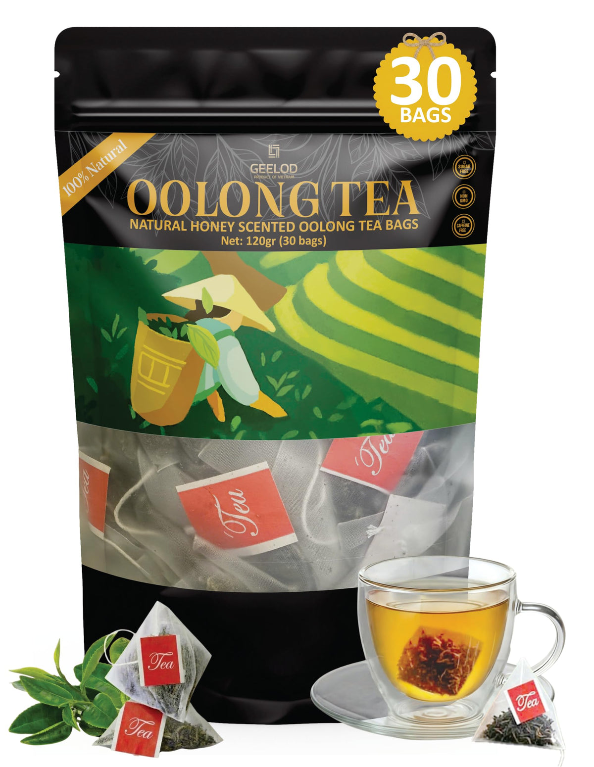 GEELOD 30 Nature Oolong tea bags pack for quick calming brews