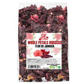 Geenafoods dried hibiscus flowers in a bag showing vibrant petals for flavorful tea.