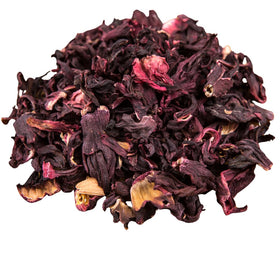 Geenafoods hibiscus petals close-up highlighting rich cranberry hue for infused drinks.