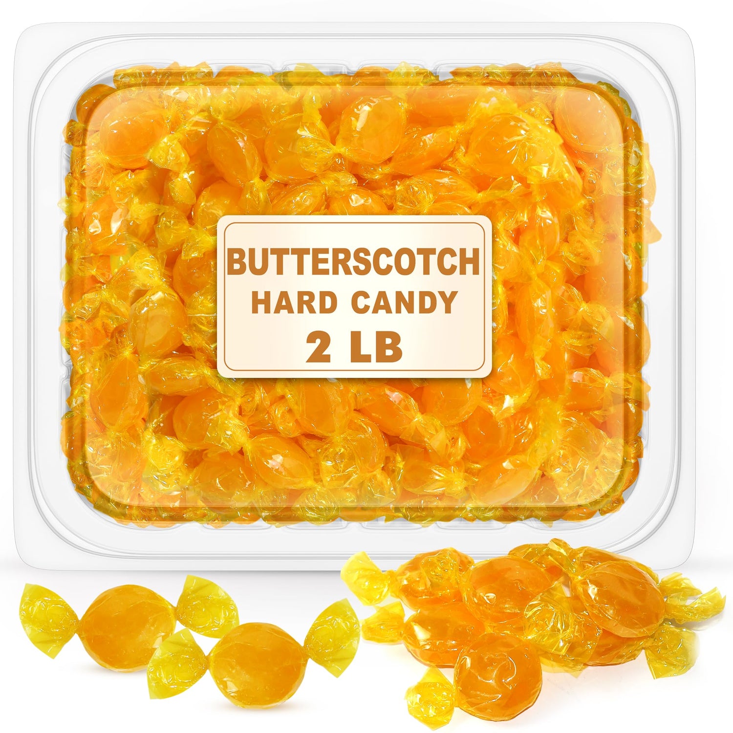 GEEOOLLAH butterscotch hard candy tub with individually wrapped discs for easy sharing.