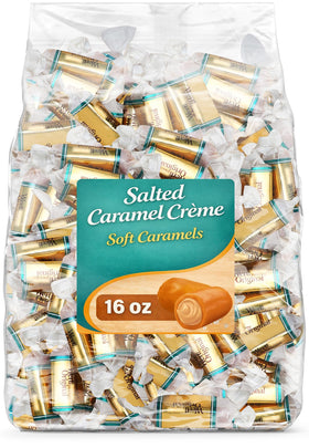 GEEOOLLAH salted caramel candy closeup showing creamy center and sea salt finish, ideal snack.